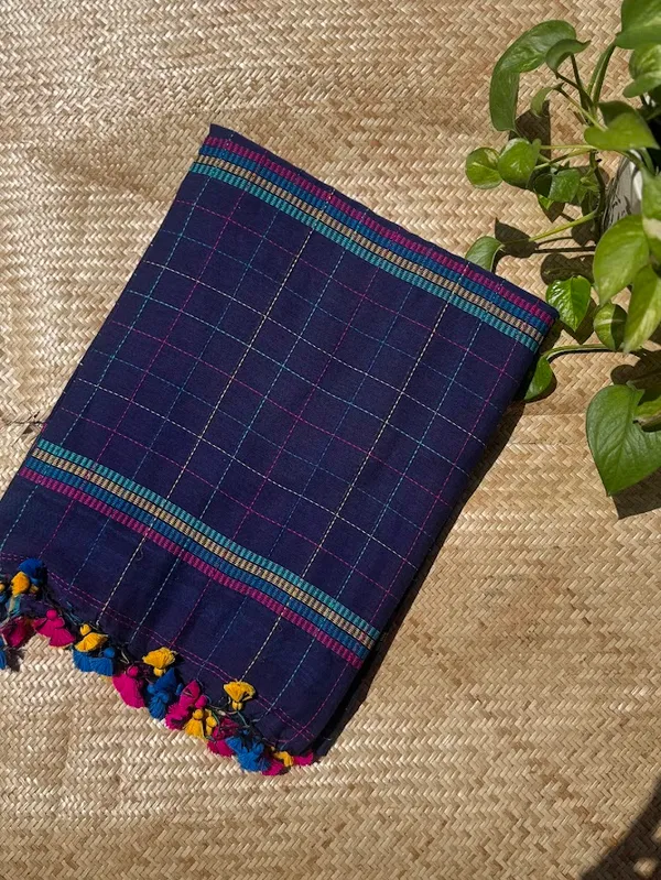 Navy_Blue_Checkered_Mulmul_Cotton_Saree_with_Kantha_Work_&_Tassels