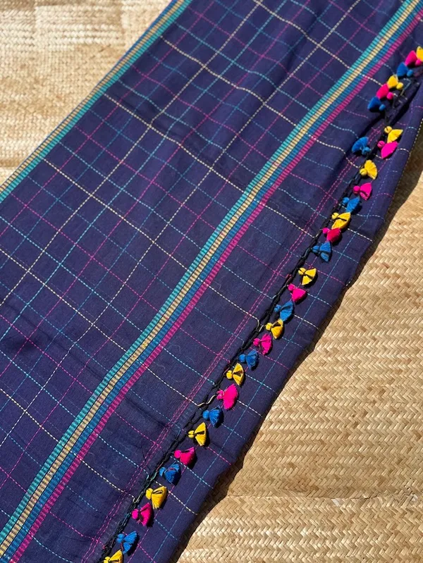Navy_Blue_Checkered_Mulmul_Cotton_Saree_with_Kantha_Work_&_Tassels