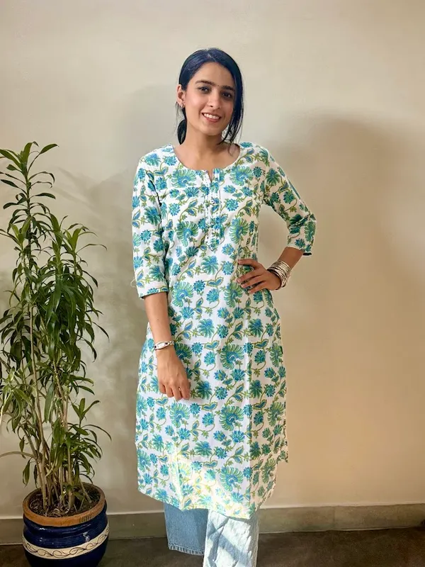 Ocean_Breeze_Floral_Block_Print_Mulmul_Kurti