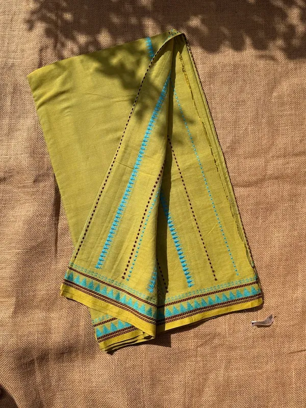 Olive_Lime_Green_Dhaniakhali_Pure_Cotton_Handloom_Saree_with_Turquoise_&_Maroon_Vertical_Striped_Work