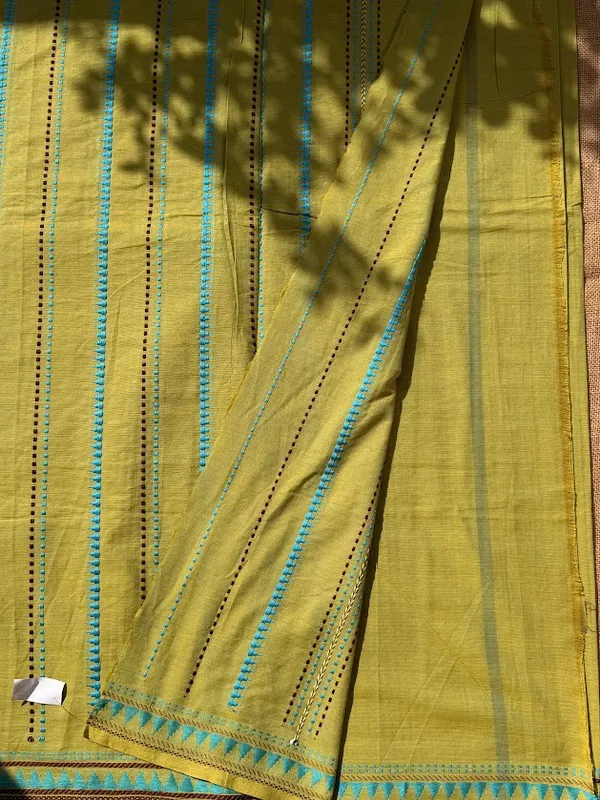 Olive_Lime_Green_Dhaniakhali_Pure_Cotton_Handloom_Saree_with_Turquoise_&_Maroon_Vertical_Striped_Work