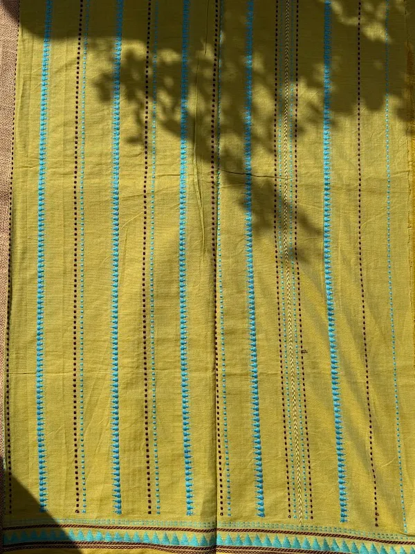 Olive_Lime_Green_Dhaniakhali_Pure_Cotton_Handloom_Saree_with_Turquoise_&_Maroon_Vertical_Striped_Work