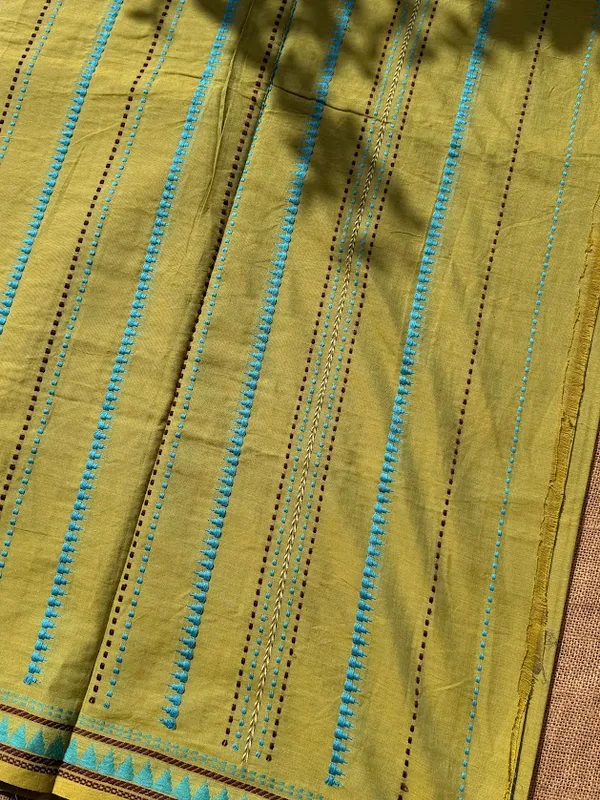 Olive_Lime_Green_Dhaniakhali_Pure_Cotton_Handloom_Saree_with_Turquoise_&_Maroon_Vertical_Striped_Work