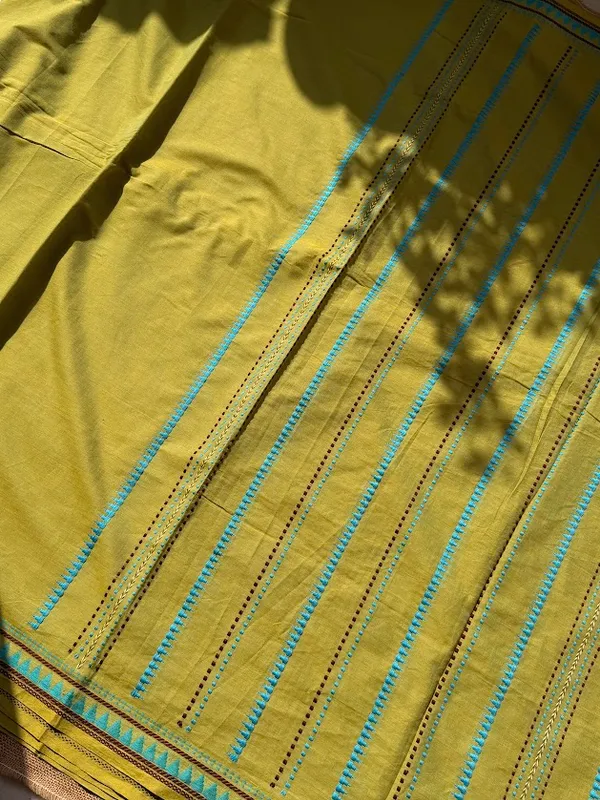 Olive_Lime_Green_Dhaniakhali_Pure_Cotton_Handloom_Saree_with_Turquoise_&_Maroon_Vertical_Striped_Work