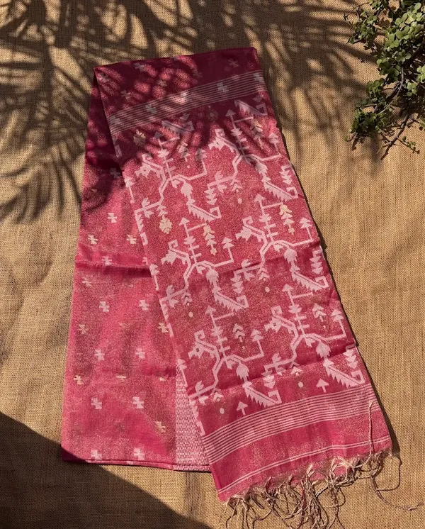 Rose_Pink_Metallic_Tissue_Cotton_Handloom_Saree_with_Light_Pink_Jamdani_Motif_Pallu_&_Border