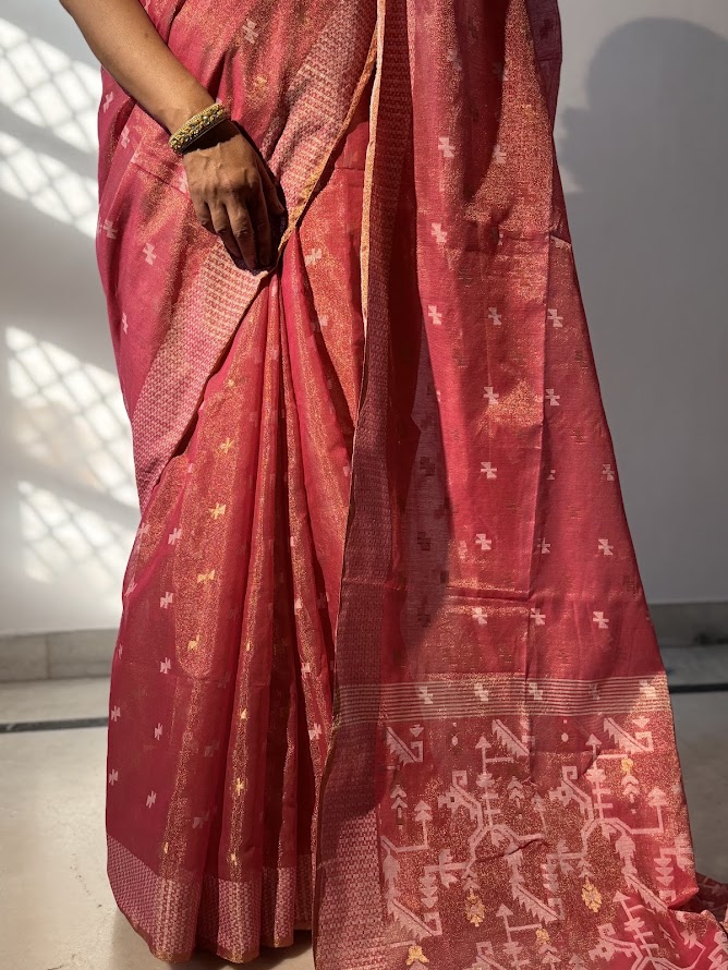 Rose_Pink_Metallic_Tissue_Cotton_Handloom_Saree_with_Light_Pink_Jamdani_Motif_Pallu_&_Border
