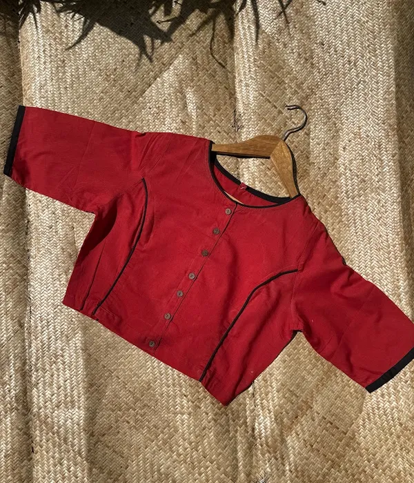 Dahlia_Red_Princess_cut_Cotton_Blouse_with_Black_piping_accents