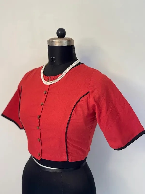 Dahlia_Red_Princess_cut_Cotton_Blouse_with_Black_piping_accents