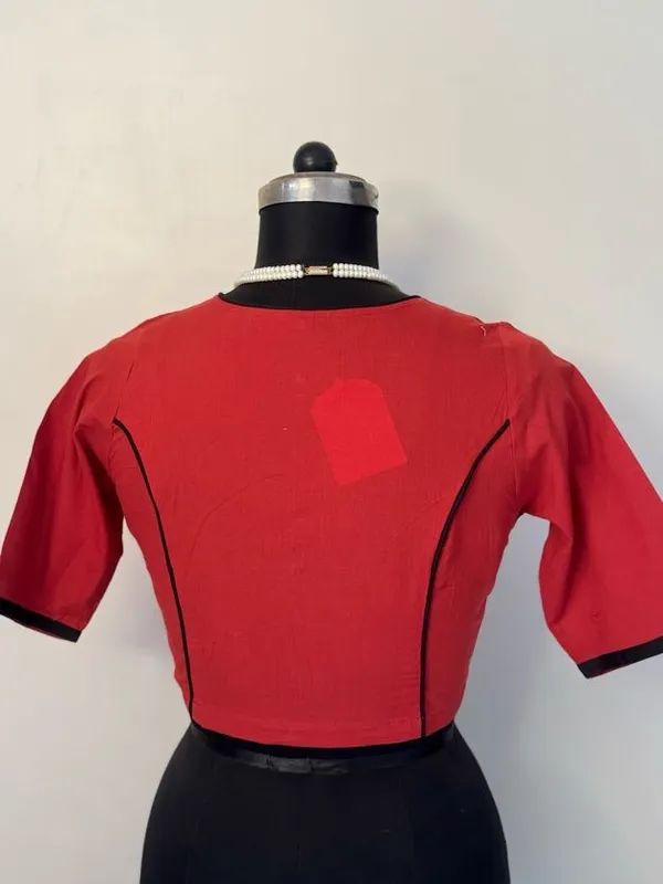 Dahlia_Red_Princess_cut_Cotton_Blouse_with_Black_piping_accents