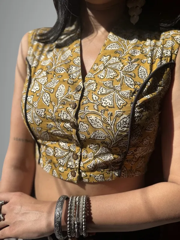 Mustard_Handblock_Readymade_Cotton_Sleeveless_Blouse