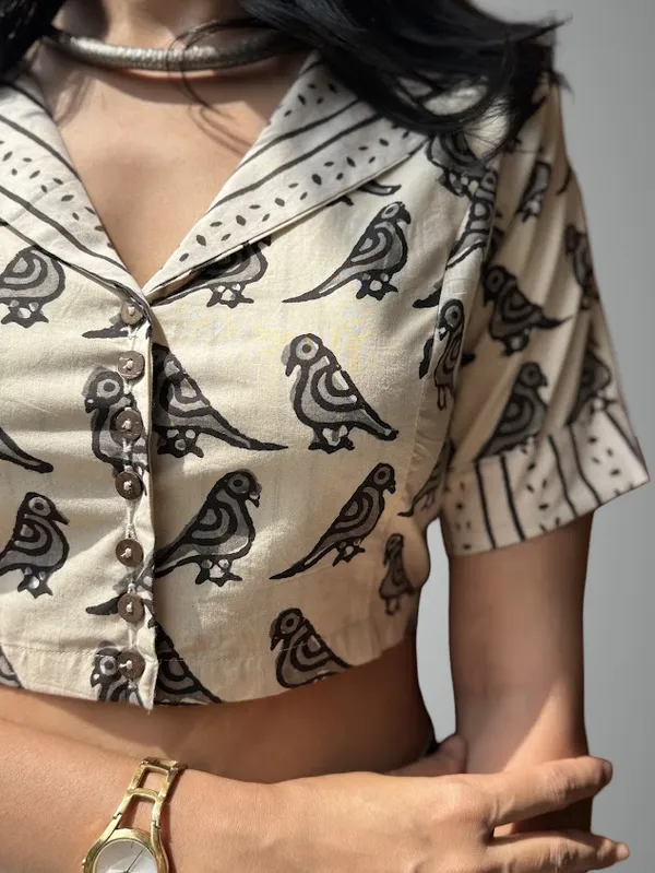 Ivory_Bird_Motif_Handblock_cotton_blouse_With_V-collar
