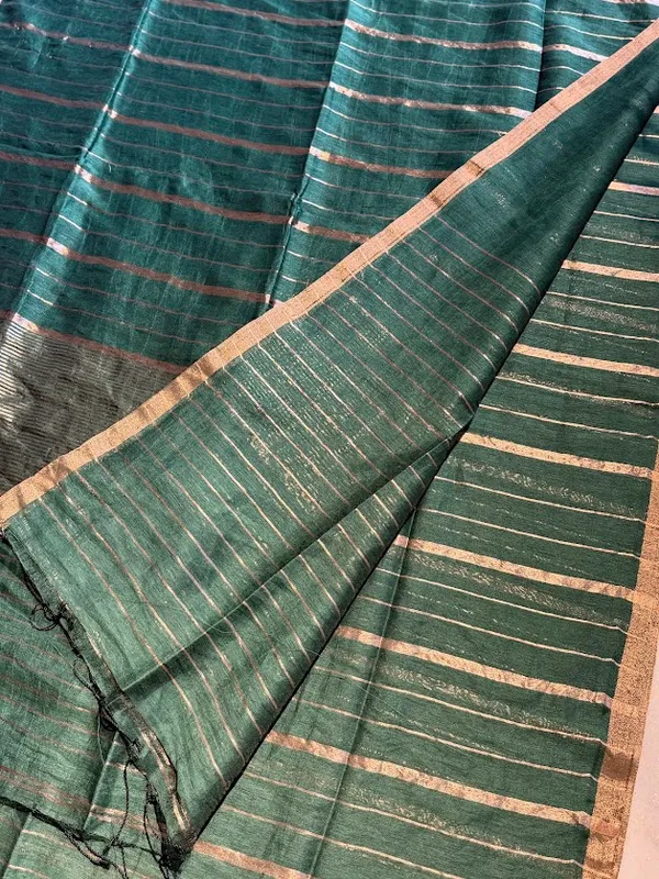 Rekha_Rani-_Deep_Emerald_Green_Silk_Linen_Handloom_Saree_with_Metallic_Copper_Zari_Stripes_&_Border_(Handloom_Mark_Certified)