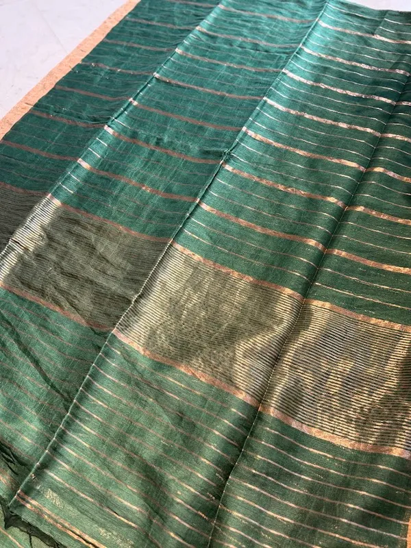 Rekha_Rani-_Deep_Emerald_Green_Silk_Linen_Handloom_Saree_with_Metallic_Copper_Zari_Stripes_&_Border_(Handloom_Mark_Certified)