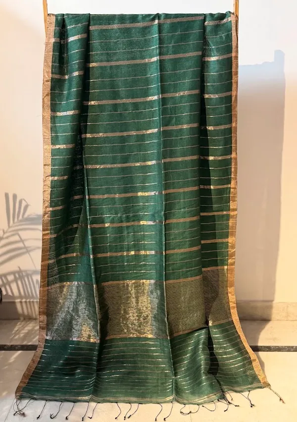 Rekha_Rani-_Deep_Emerald_Green_Silk_Linen_Handloom_Saree_with_Metallic_Copper_Zari_Stripes_&_Border_(Handloom_Mark_Certified)