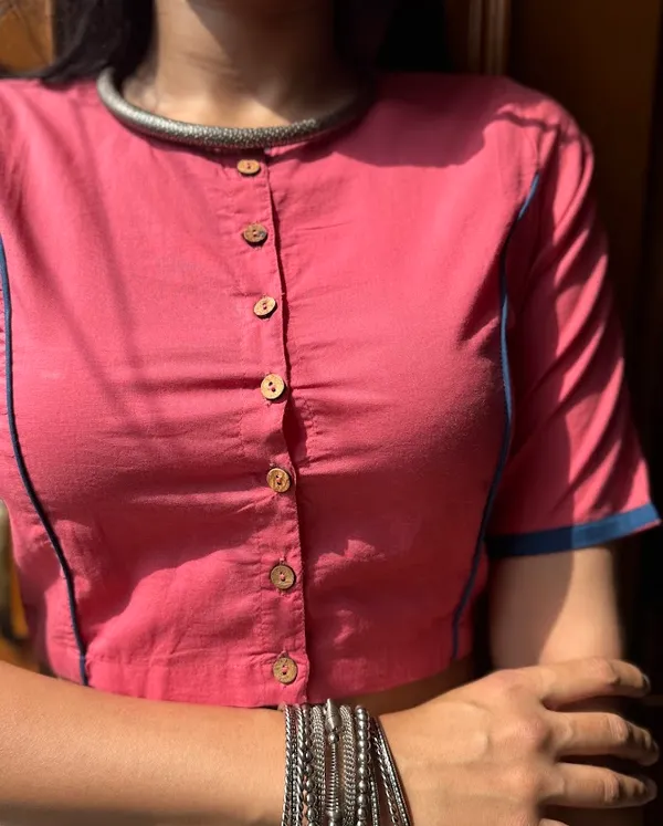 Rose_Pink_Princess_cut_Cotton_Blouse_with_Blue_piping