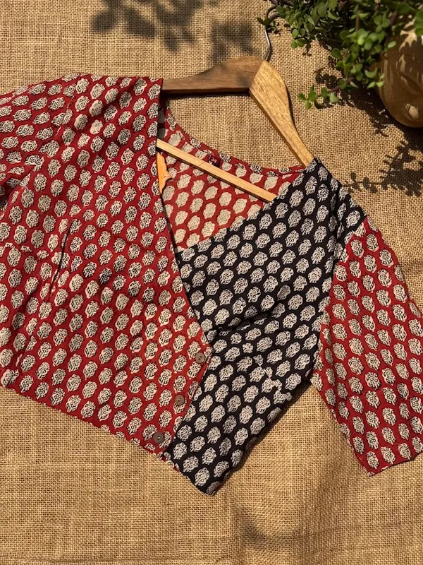 Rudra_Angrakha:_Hand-Printed_Rust_&_Charcoal_Cotton_Blouse