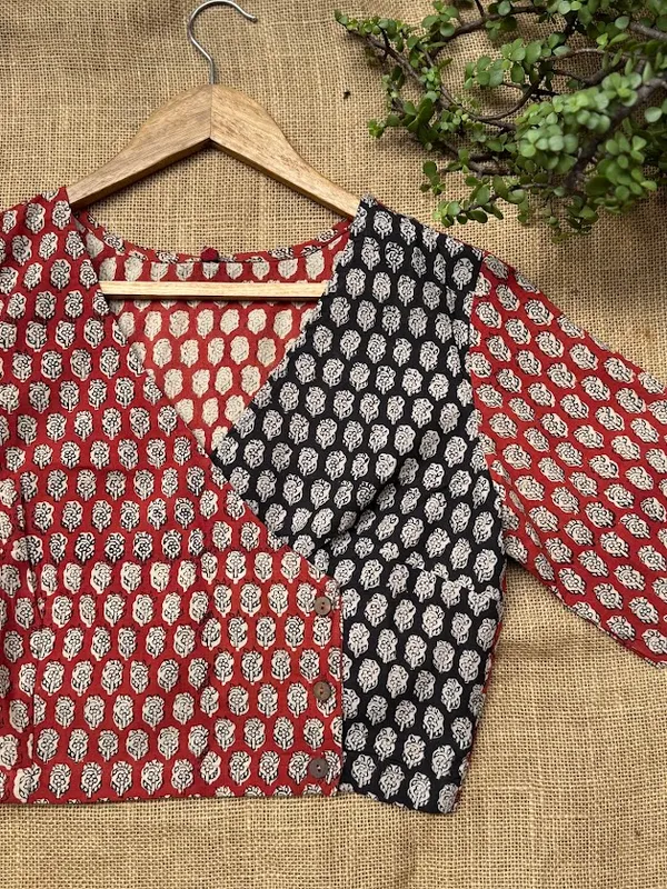 Rudra_Angrakha:_Hand-Printed_Rust_&_Charcoal_Cotton_Blouse