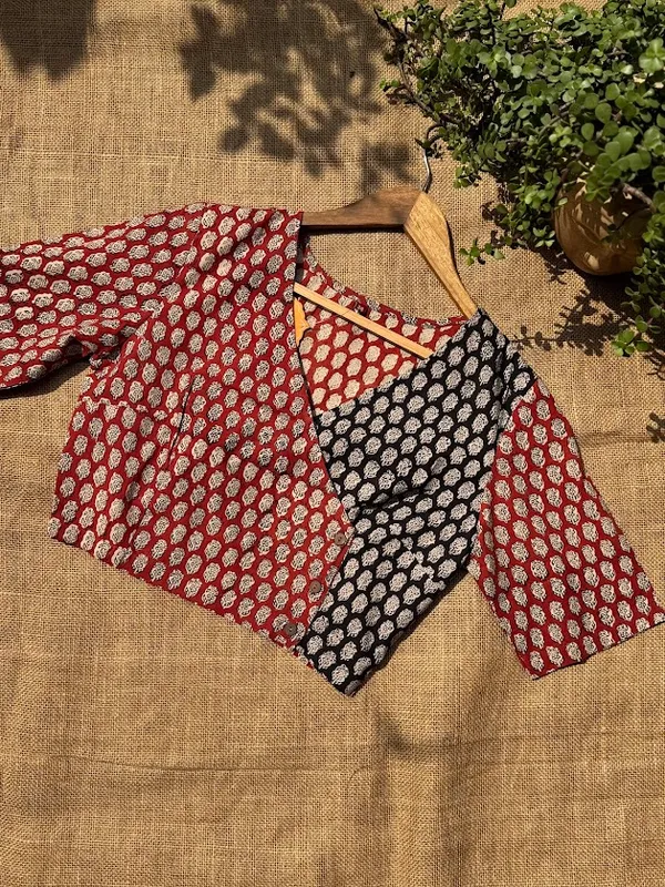 Rudra_Angrakha:_Hand-Printed_Rust_&_Charcoal_Cotton_Blouse