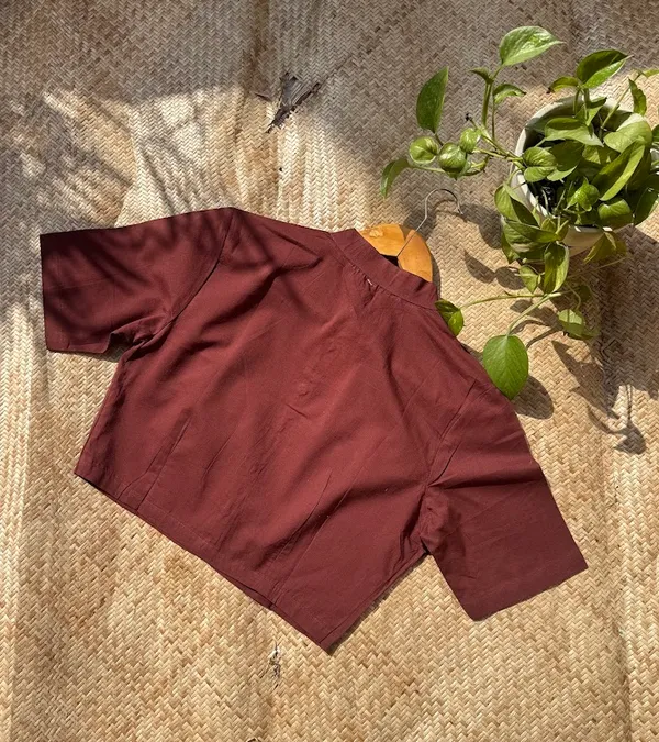 Chestnut_Brown_Mandarin_Collar_Cotton_Blouse