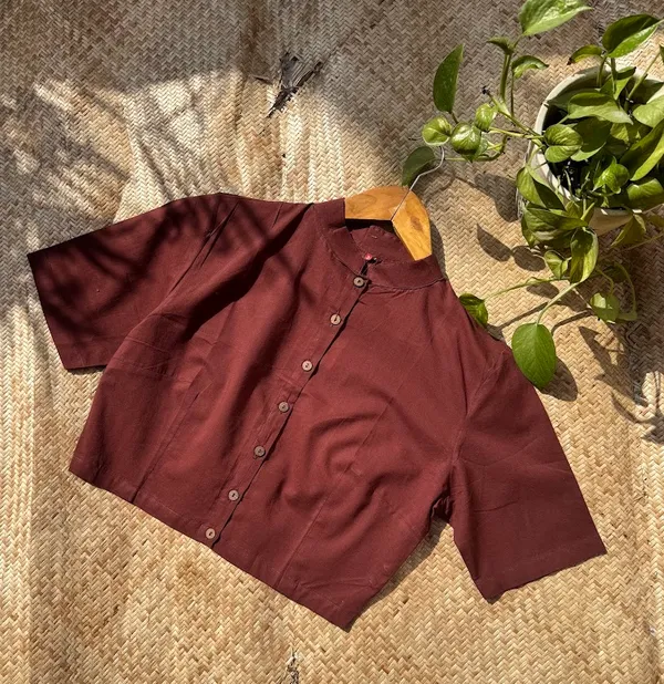 Chestnut_Brown_Mandarin_Collar_Cotton_Blouse
