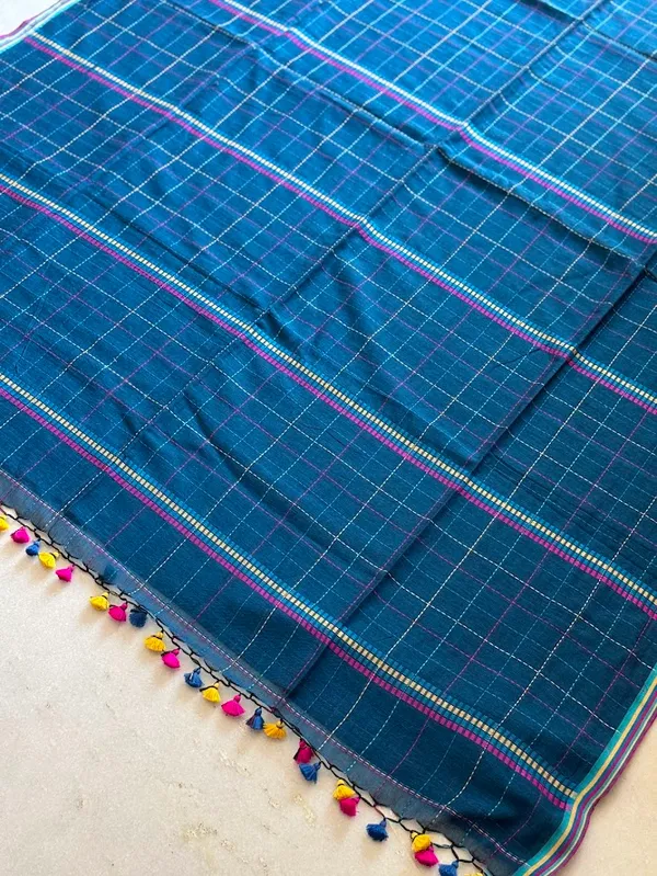 Teal_Checkered_Mulmul_Cotton_Saree_with_Kantha_Work_&_Multicolor_Tassels