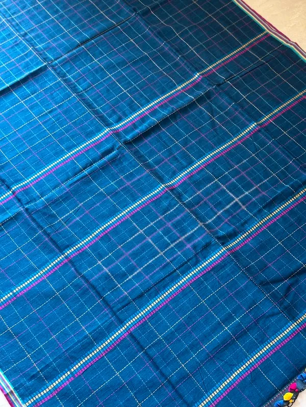 Teal_Checkered_Mulmul_Cotton_Saree_with_Kantha_Work_&_Multicolor_Tassels