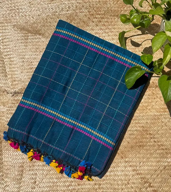 Teal_Checkered_Mulmul_Cotton_Saree_with_Kantha_Work_&_Multicolor_Tassels