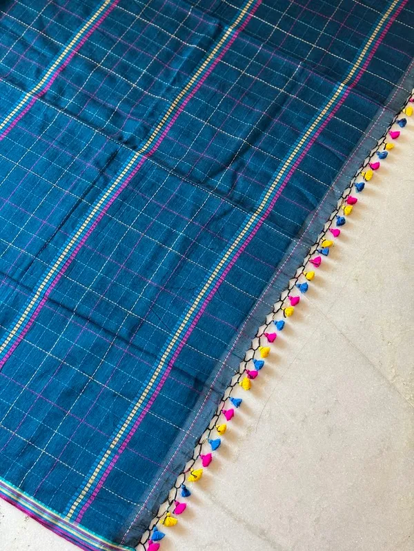 Teal_Checkered_Mulmul_Cotton_Saree_with_Kantha_Work_&_Multicolor_Tassels