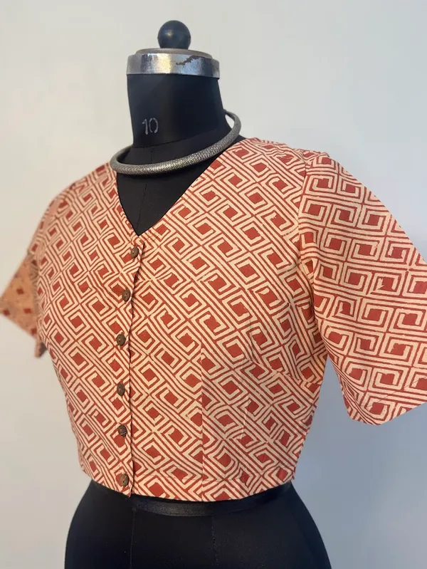 Terracotta_Maze_Geometric_V-Neck_Blouse