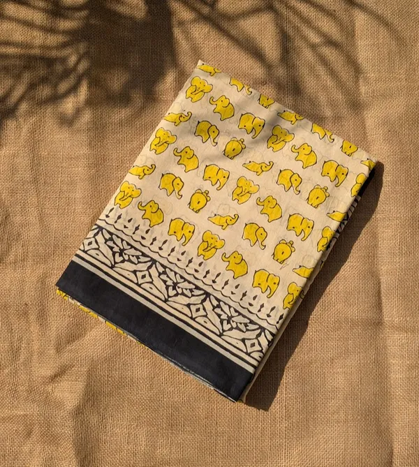 Mustard_Haathi__Bagru_Print_Mul_Cotton_Saree_with_Kalamkari_Border