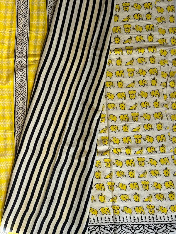 Mustard_Yellow_Haathi__Bagru_Print_Mul_Cotton_Saree_with_Kalamkari_Border