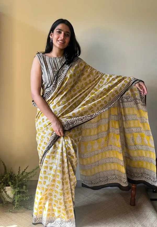 Mustard_Haathi__Bagru_Print_Mul_Cotton_Saree_with_Kalamkari_Border