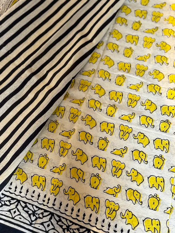 Mustard_Yellow_Haathi__Bagru_Print_Mul_Cotton_Saree_with_Kalamkari_Border