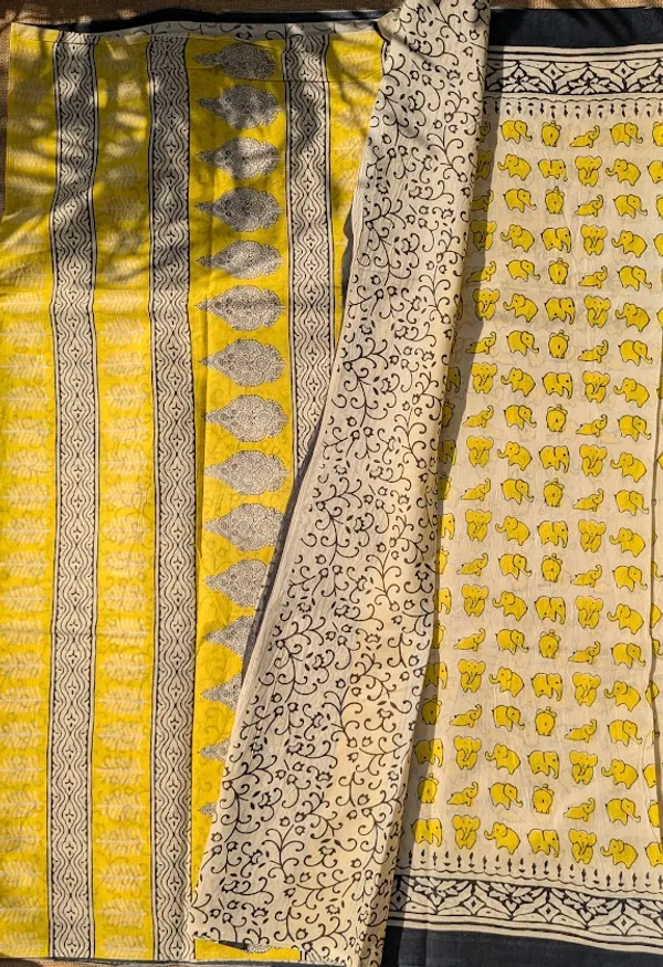Mustard_Haathi__Bagru_Print_Mul_Cotton_Saree_with_Kalamkari_Border