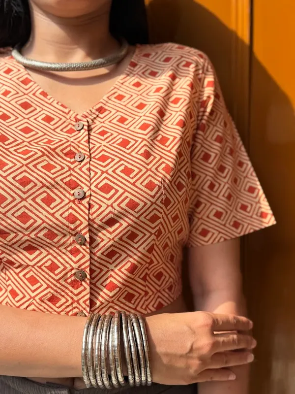 Terracotta_Maze_Geometric_V-Neck_Blouse