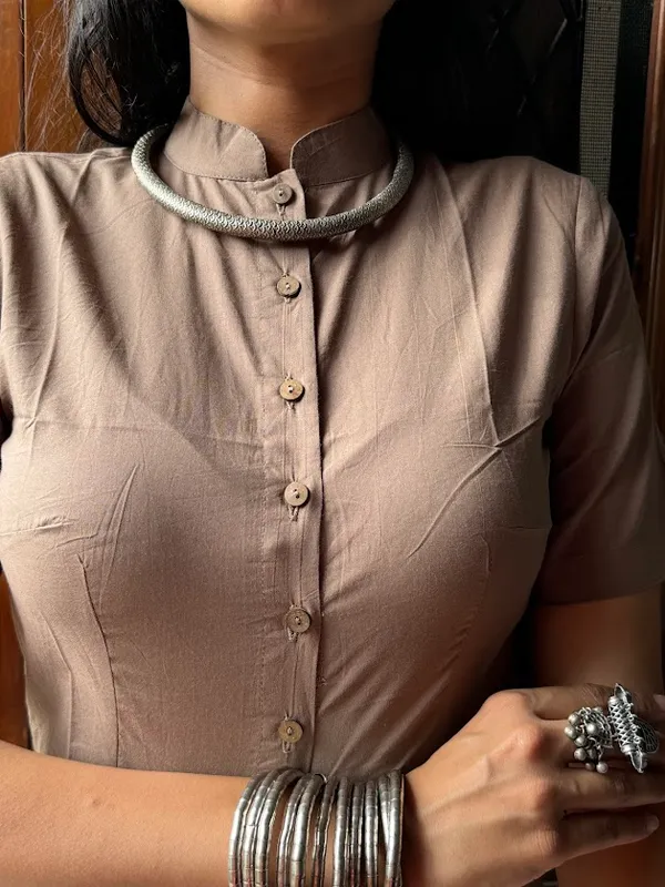 Taupe_Mandarin_Collar_Cotton_Blouse