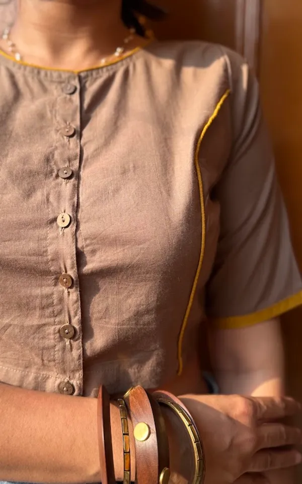 Misty_Taupe_Contrast_Mustard_Piping_Front-Buttoned_Blouse