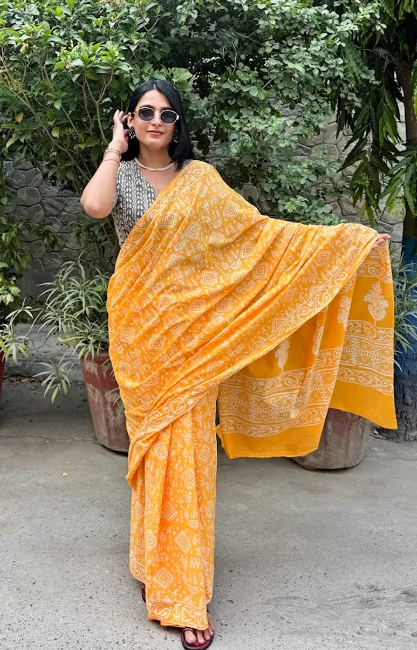 Mango_Yellow_Warli_Print_Bagru_Saree_with_Blouse_Piece