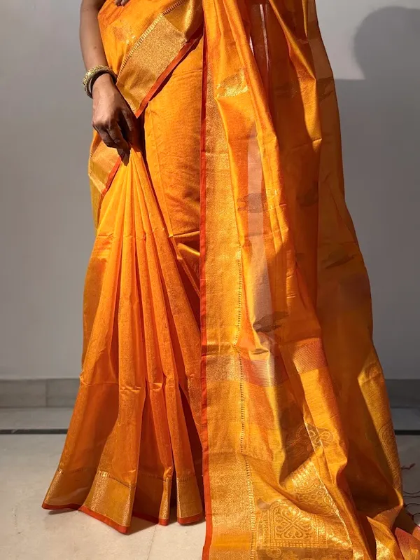 Mustard_Yellow_Festive_Handloom_Cotton__Silk_Saree_with_Metallic_Copper_Horse_Motifs_&_Zari_Border