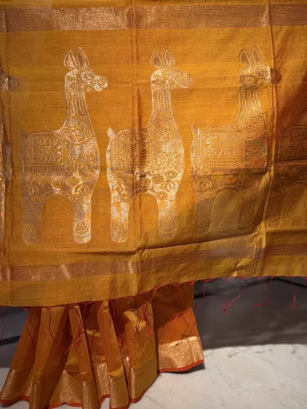 Mustard_Yellow_Festive_Handloom_Cotton__Silk_Saree_with_Metallic_Copper_Horse_Motifs_&_Zari_Border