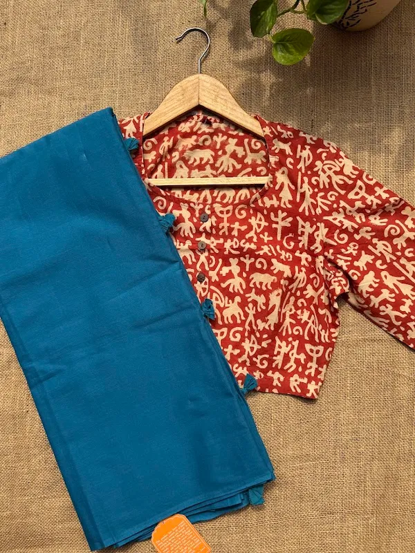 Capri_Blue_Plain_Mulmul_Saree_with_Fabric_Tassels
