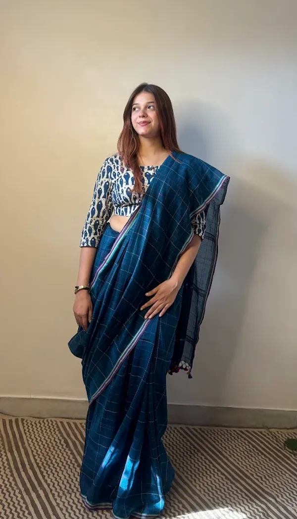 Teal_Checkered_Mulmul_Cotton_Saree_with_Kantha_Work_&_Multicolor_Tassels