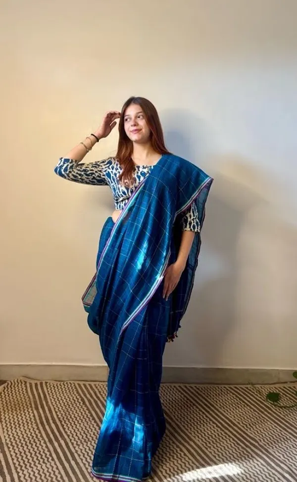 Teal_Checkered_Mulmul_Cotton_Saree_with_Kantha_Work_&_Multicolor_Tassels