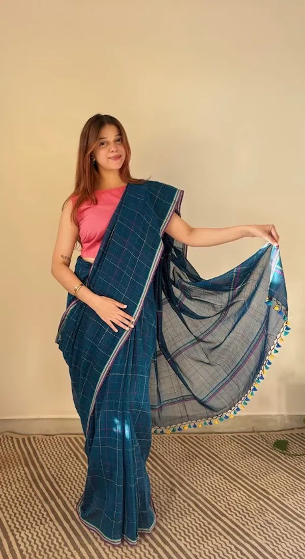 Teal_Checkered_Mulmul_Cotton_Saree_with_Kantha_Work_&_Multicolor_Tassels