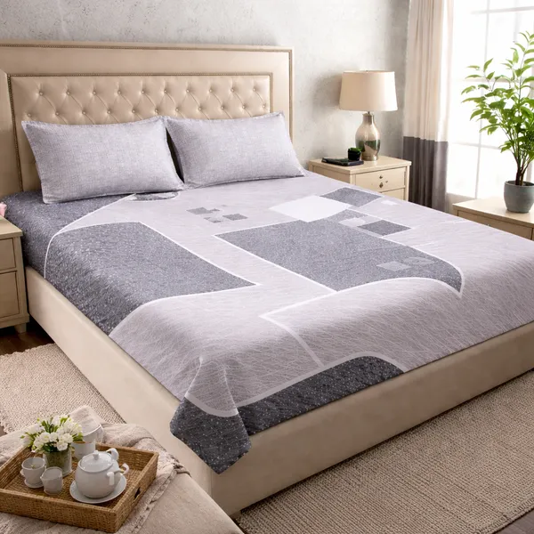 100%_Cotton_Double_Bedsheet_(90x100_Inch)_with_2_Pillow_Covers_(18x27_Inch)_|_Soft_Breathable_Bedding_Set_|_Grey_Geometric-Panel_Design