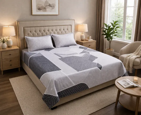 100%_Cotton_Double_Bedsheet_(90x100_Inch)_with_2_Pillow_Covers_(18x27_Inch)_|_Soft_Breathable_Bedding_Set_|_Grey_Geometric-Panel_Design