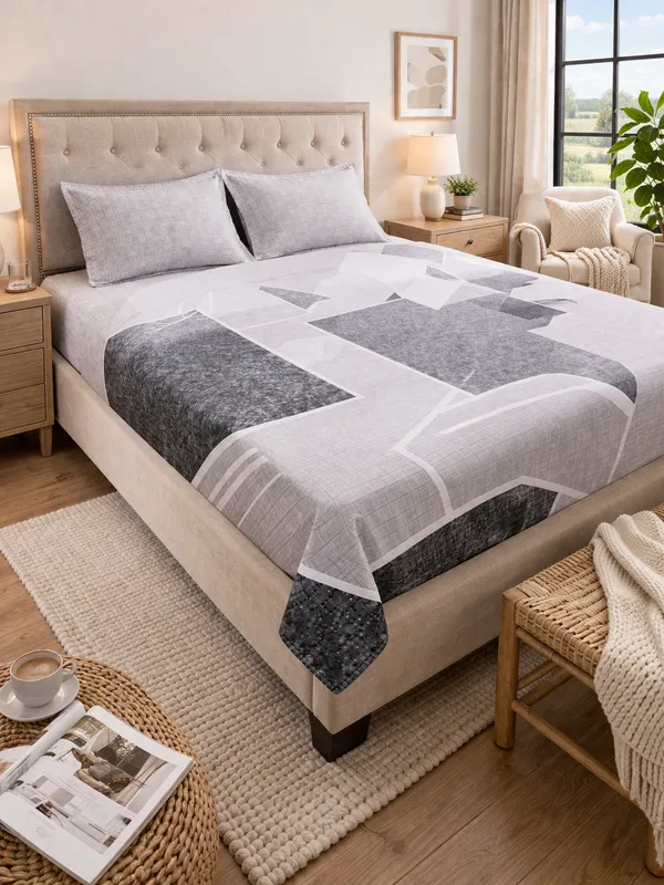 100%_Cotton_Double_Bedsheet_(90x100_Inch)_with_2_Pillow_Covers_(18x27_Inch)_|_Soft_Breathable_Bedding_Set_|_Grey_Geometric-Panel_Design