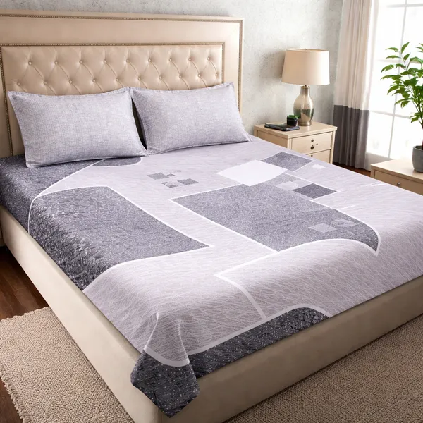 100%_Cotton_Double_Bedsheet_(90x100_Inch)_with_2_Pillow_Covers_(18x27_Inch)_|_Soft_Breathable_Bedding_Set_|_Grey_Geometric-Panel_Design