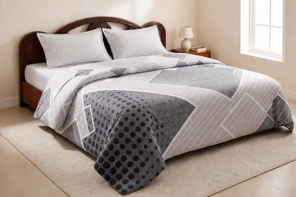 100%_Cotton_Double_Bedsheet_(90x100_Inch)_with_2_Pillow_Covers_(18x27_Inch)_|_Soft_Breathable_Bedding_Set_|_Grey_Geometric-Panel_Design