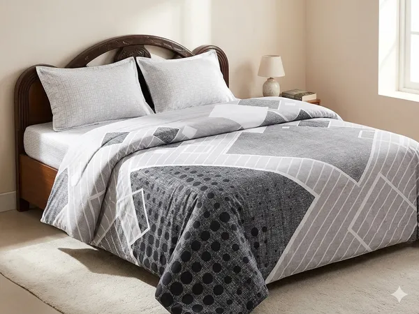 100%_Cotton_Double_Bedsheet_(90x100_Inch)_with_2_Pillow_Covers_(18x27_Inch)_|_Soft_Breathable_Bedding_Set_|_Grey_Geometric-Panel_Design